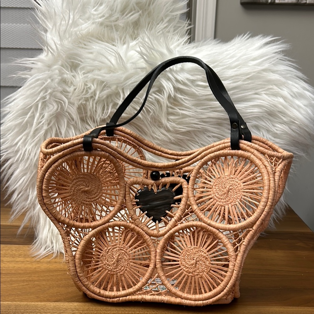Peachy Tan Woven Tote with Circular Pattern